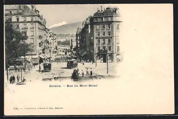 AK Genève, Rue du Mont-Blanc, Strassenpartie mit Strassenbahn