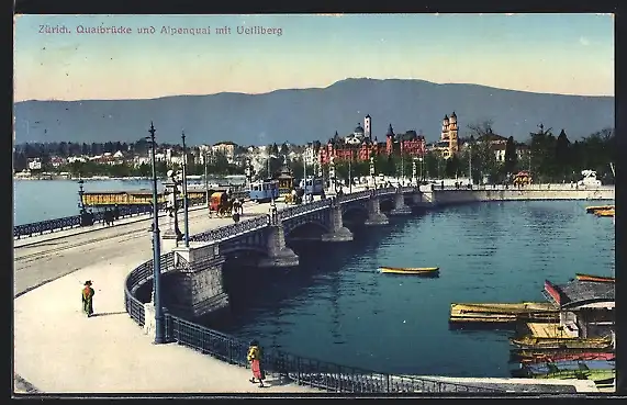 AK Zürich, Quaibrücke mit Strassenbahn, Alpenquai und Uetliberg