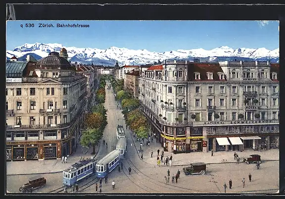 AK Zürich, Bahnhofstrasse mit Hotel Schweizerhof und Strassenbahn