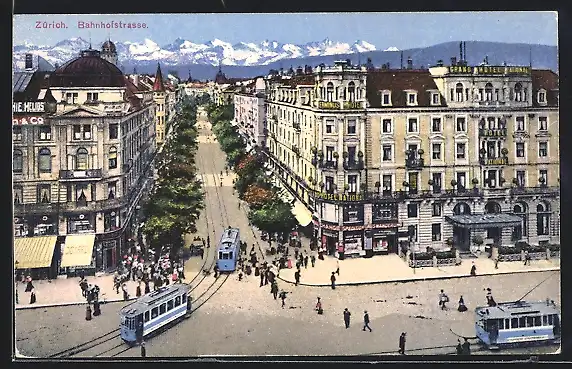 AK Zürich, Bahnhofstrasse, Geschäfte, Grand Hotel National, Strassenbahn