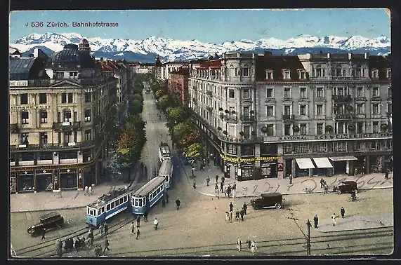 AK Zürich, Bahnhofstrasse mit Hotel Schweizerhof und Strassenbahn
