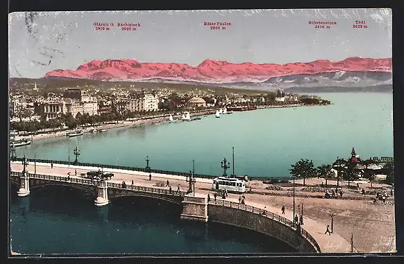 AK Zürich, Quaibrücke mit Strassenbahn und die Alpen: Glärnisch, Tödi und Bächistock