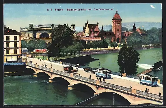 AK Zürich, Bahnhofbrücke und Landesmuseum, Strassenbahn