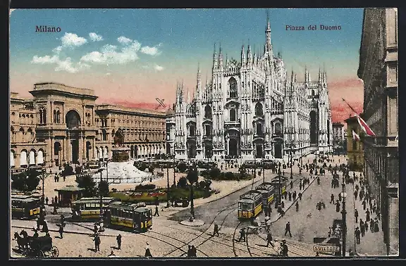 AK Milano, Piazza del Duomo, Strassenbahn