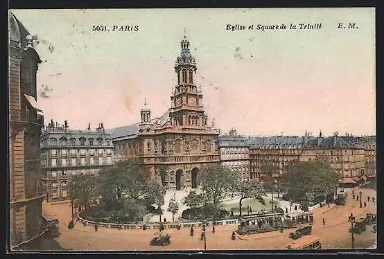 AK Paris, Eglise et Square de la Trinité, Strassenbahn