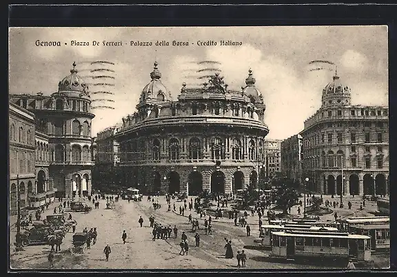 AK Genova, Piazza De Ferrari, Palazzo della Borsa, Credito Italiano, Strassenbahn