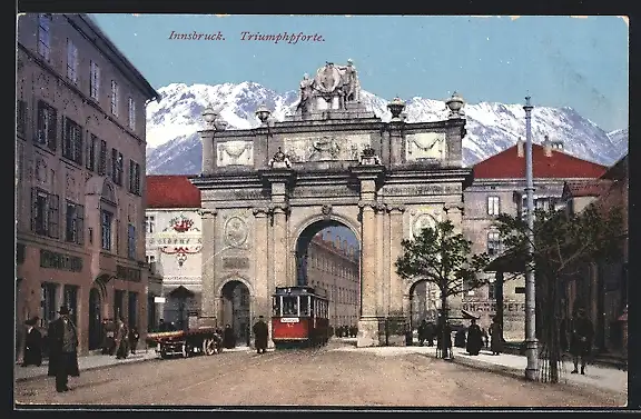 AK Innsbruck, Triumphpforte mit Strassenbahn