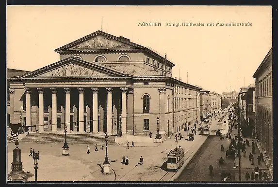 AK München, Königliches Hoftheater und Maximilianstrasse mit Strassenbahn
