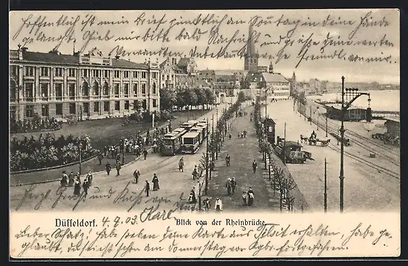 AK Düsseldorf, Blick von der Rheinbrücke mit Strassenbahn