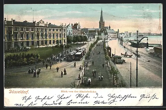 AK Düsseldorf, Blick von der Rheinbrücke mit Strassenbahnen