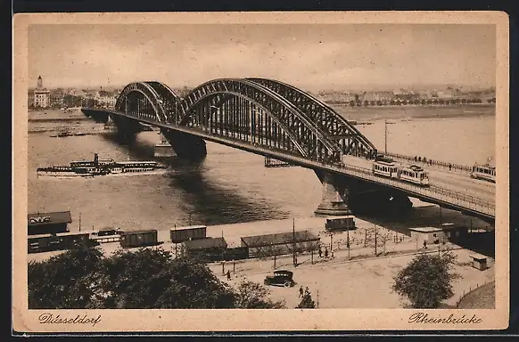 AK Düsseldorf, Rheinbrücke mit Strassenbahn