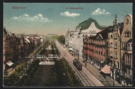 AK Düsseldorf, Hindenburg-Wall mit Strassenbahnen aus der Vogelschau