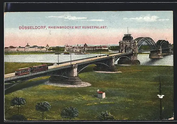 AK Düsseldorf, Rheinbrücke mit Strassenbahn und Kunstpalast