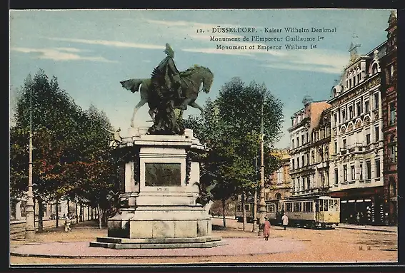 AK Düsseldorf, Kaiser Wilhelm-Denkmal mit Strassenbahn