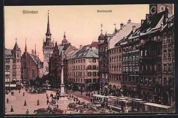 AK München, Marienplatz mit Denkmal und Strassenbahn