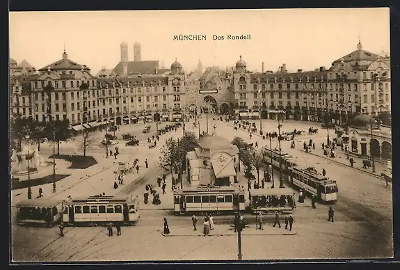 AK München, Rondell mit Strassenbahnen