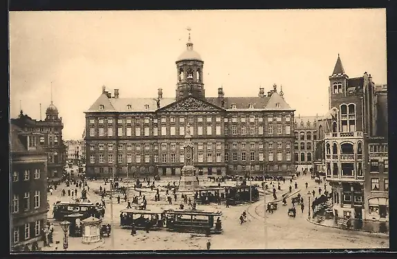 AK Amsterdam, Dam met Koninklijk Paleis, Strassenbahn