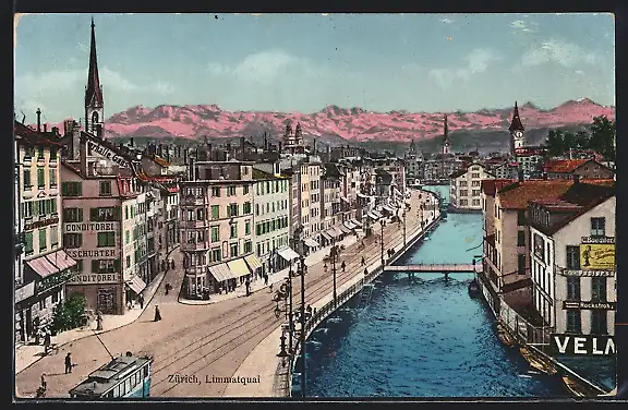 AK Zürich, Limmatquai mit Strassenbahn