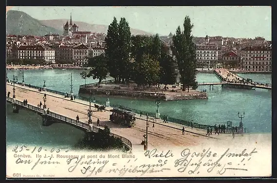 AK Geneve, Ile J.-J. Roussenau et pont du Mont Blanc, Strassenbahn