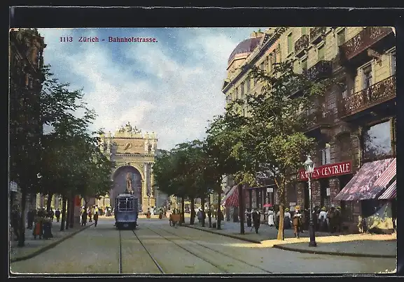 AK Zürich, Bahnhofstrasse mit Karten-Centrale und Strassenbahn