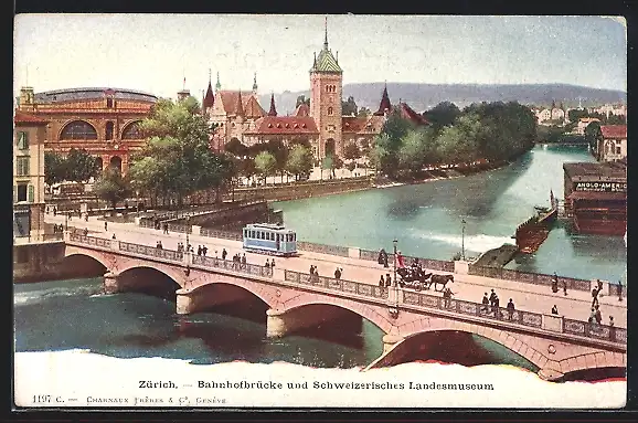 AK Zürich, Bahnhofbrücke mit Schweizerisches Landesmuseum und Strassenbahn