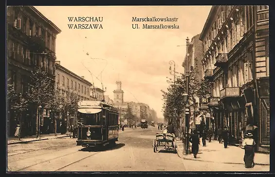 AK Warschau-Warszawa, Ul. Marszalkowska with Tram, Marschalkowskastrasse mit Strassenbahn