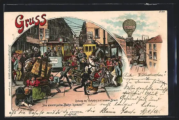 Lithographie Strassenbahn fährt ein, Hebung des Verkehrs in d. inneren Stadt