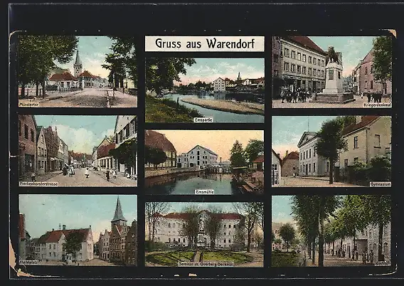 AK Warendorf, Münstertor, Marktplatz, Gymnasium, Kriegerdenkmal