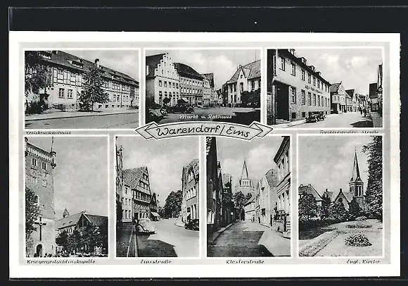 AK Warendorf /Ems, Emsstrasse, Markt u. Rathaus, Kriegergedächtniskapelle