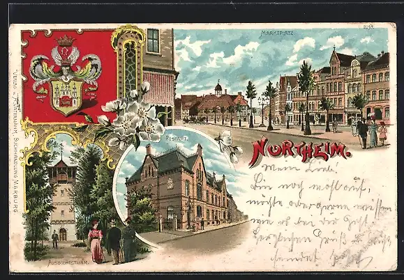 Lithographie Northeim, Aussichtsturm, Postamt, Marktplatz