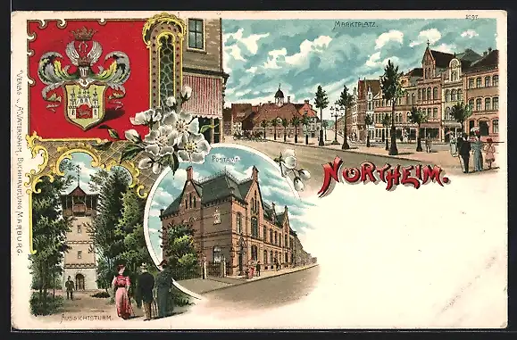 Lithographie Northeim, Aussichtsturm, Postamt, Marktplatz