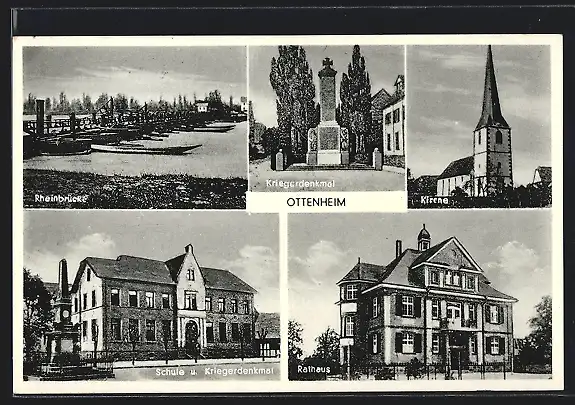 AK Ottenheim, Schule und Kriegerdenkmal, Kirche, Rathaus