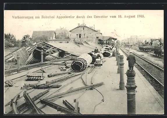 AK Appenweier, Verheerungen am Bahnhof durch das Unwetter 1905