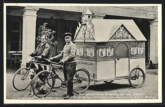 AK Das selbstgebaute Wohnhaus auf dem Fahrrad, Karl Schneider, Sohn Ludwig und Hund aus Seeheim i/Hessen
