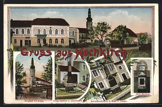 AK Hochkirch, Burkhardt`s Gasthof, Blutgasse mit Kirche, Keith-Denkmal