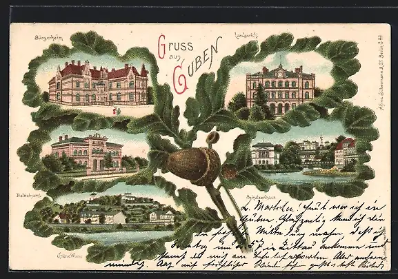 Passepartout-Lithographie Guben, Schützenhaus, Bürgerheim und Landgericht im Eichenblatt