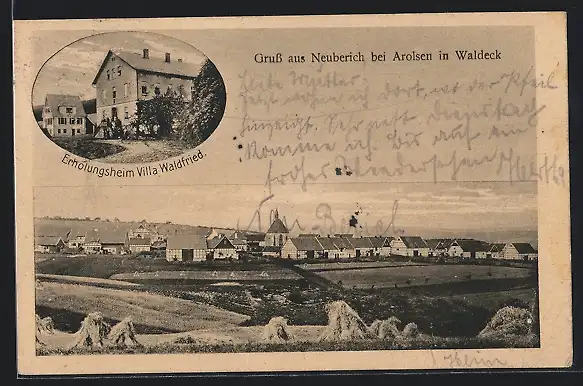 AK Neuberich bei Arolsen, Erholungsheim Villa Waldfried, Teilansicht mit Kirche