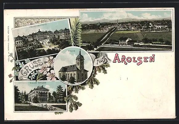 Lithographie Arolsen, Neues Schloss, Residenzschloss, Kirche