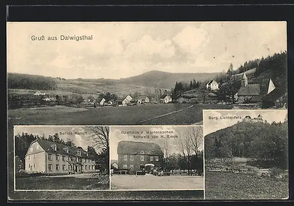 AK Dalwigsthal, Gasthaus zur Waldeckschen Schweiz von H. Emde, Schloss Kampf, Burg Lichtenfels