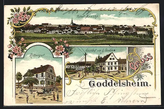 Lithographie Goddelsheim, Gasthof von L. Goebel, Rittergut, Totalansicht
