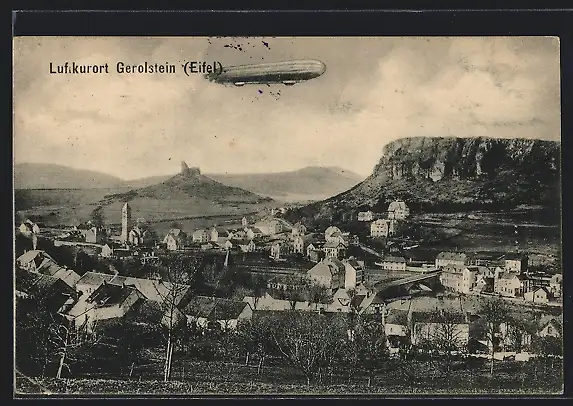 AK Gerolstein /Eifel, Teilansicht mit Zeppelin