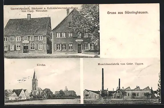 AK Sünninghausen, Gasthaus, Bäckerei und Kolonialwarenhandlung von Casp. Nienhaber, Maschinenfabrik von Gebr. Tigges