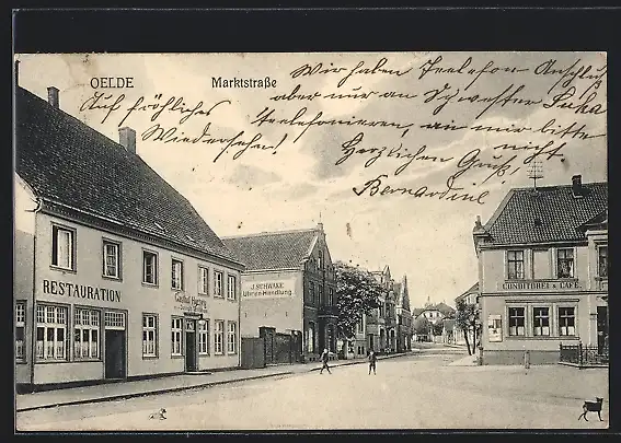 AK Oelde, Marktstrasse mit Restaurant Gasthof Hartwig und Uhrenhandlung J. Schwake