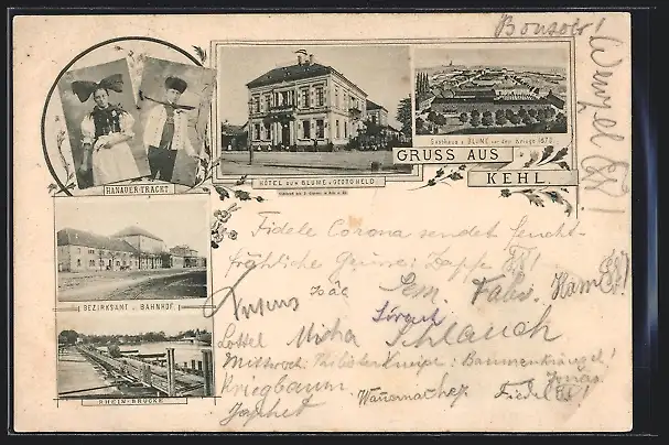 AK Kehl, Hotel zur Blume G. Held, Bezirksamt und Bahnhof, Hanauer Tracht