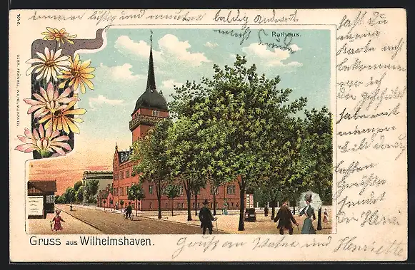 Lithographie Wilhelmshaven, Rathaus mit Strasse