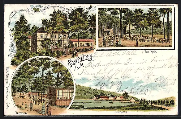 Lithographie Reitling /Elm, Gasthaus Reitling mit Terrasse, Voss-Höhle, Ortspartie mit Teich