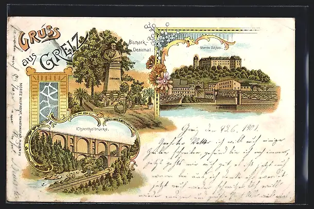 Lithographie Greiz, Bismarck-Denkmal, Oberes Schloss, Elsterthalbrücke