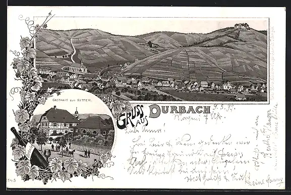 Lithographie Durbach, Gasthaus zum Ritter, Ortsansicht