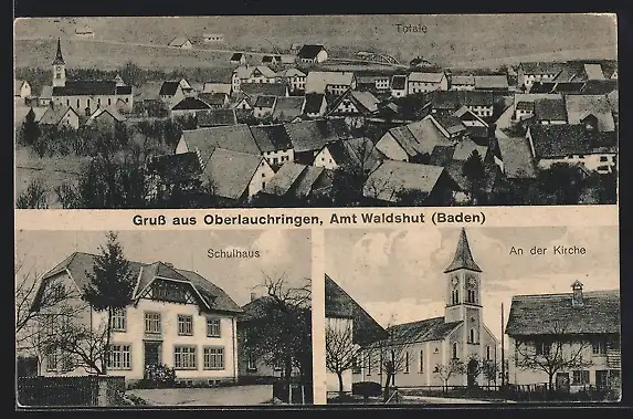 AK Oberlauchringen /Waldshut, An der Kirche, Schule, Ortsansicht