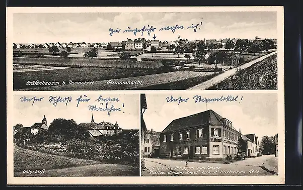 AK Gräfenhausen /Darmstadt, Gasthaus-Metzgerei zum Ochsen W. Knauf, Ohly-Stift, Gesamtansicht